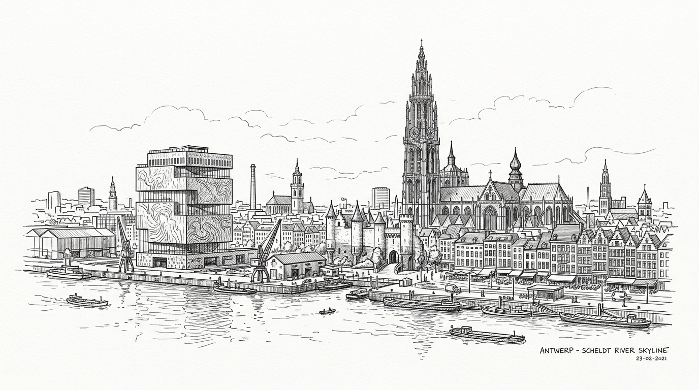 Antwerp city skyline sketch
